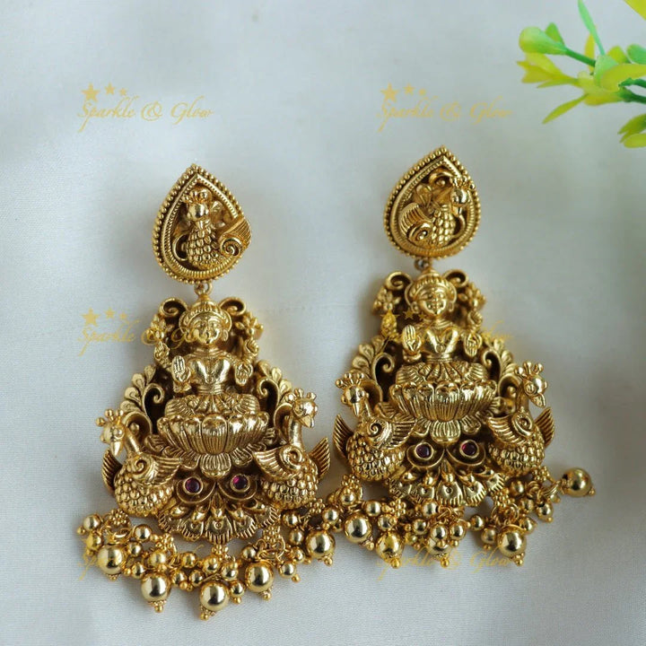 Grand Intricate Lakshmi Peacock carved short necklace with gold beads - Sparkle and Glow