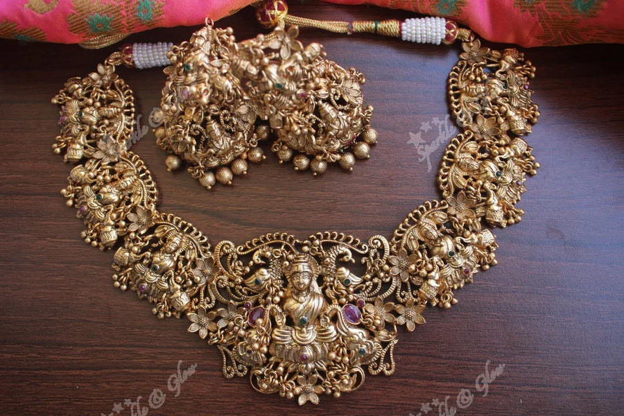 Antique gold alike polished intricate Lakshmi Necklace - Sparkle and Glow
