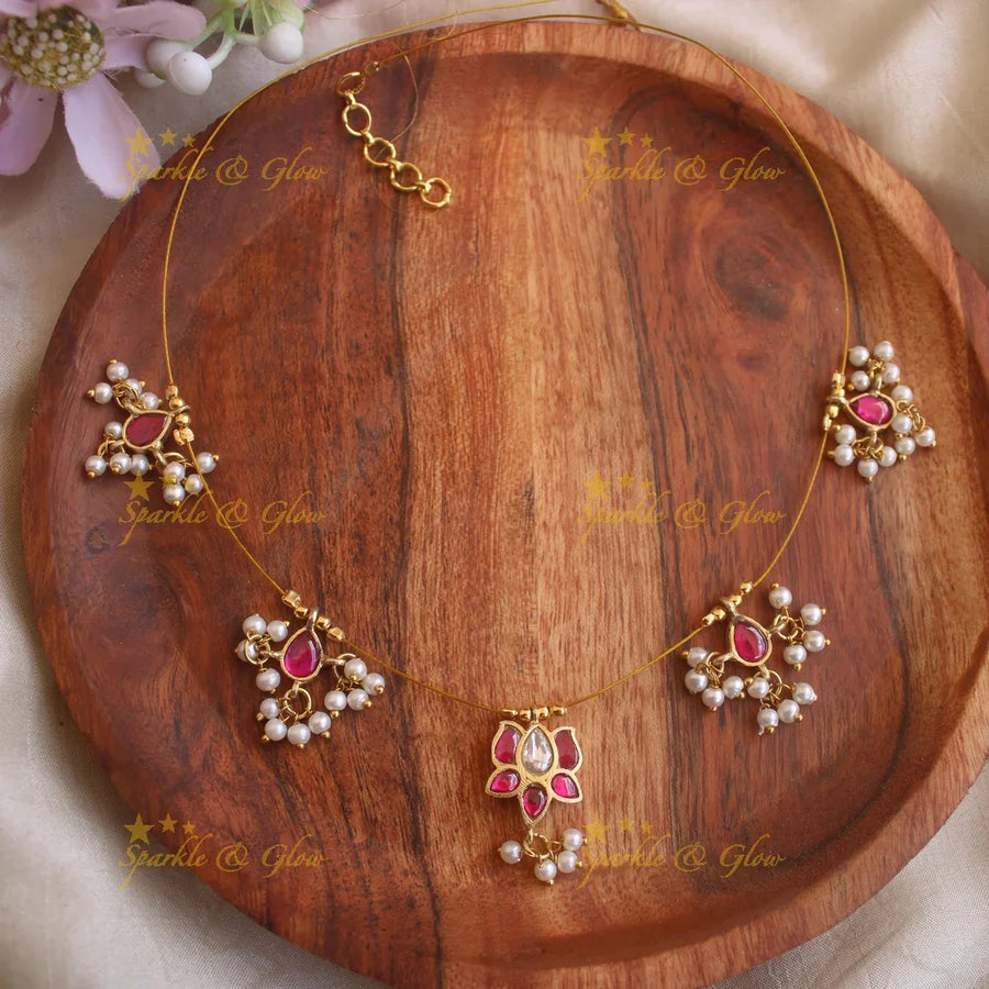 Elegant Lotus floral guttapusalu invisible necklace- Ruby - Sparkle and Glow
