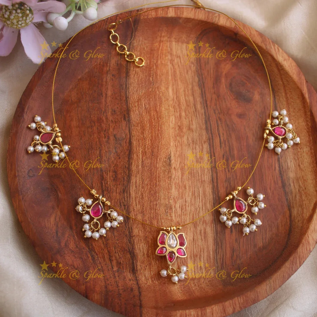 Elegant Lotus floral guttapusalu invisible necklace- Ruby - Sparkle and Glow