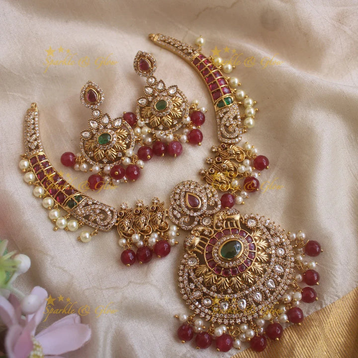 Elegant Peacock Elephant Floral carved Hasli necklace with Green beads - Sparkle and Glow