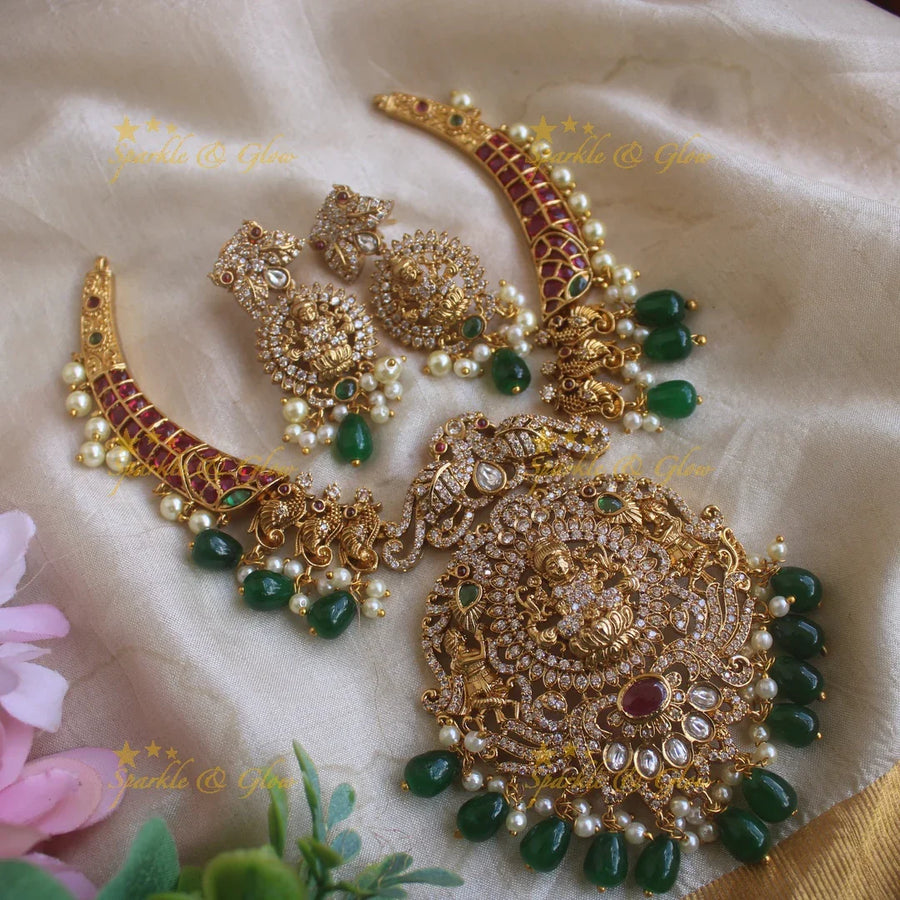 Sparkling Lakshmi Peacock Hasli Necklace with AD stones and Green beads - Sparkle and Glow