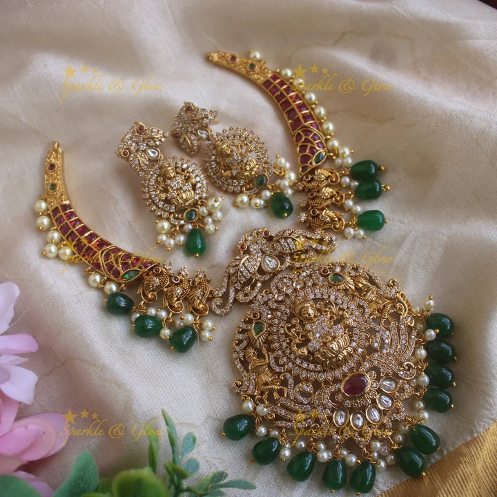 Sparkling Lakshmi Peacock Hasli Necklace with AD stones and Green beads - Sparkle and Glow