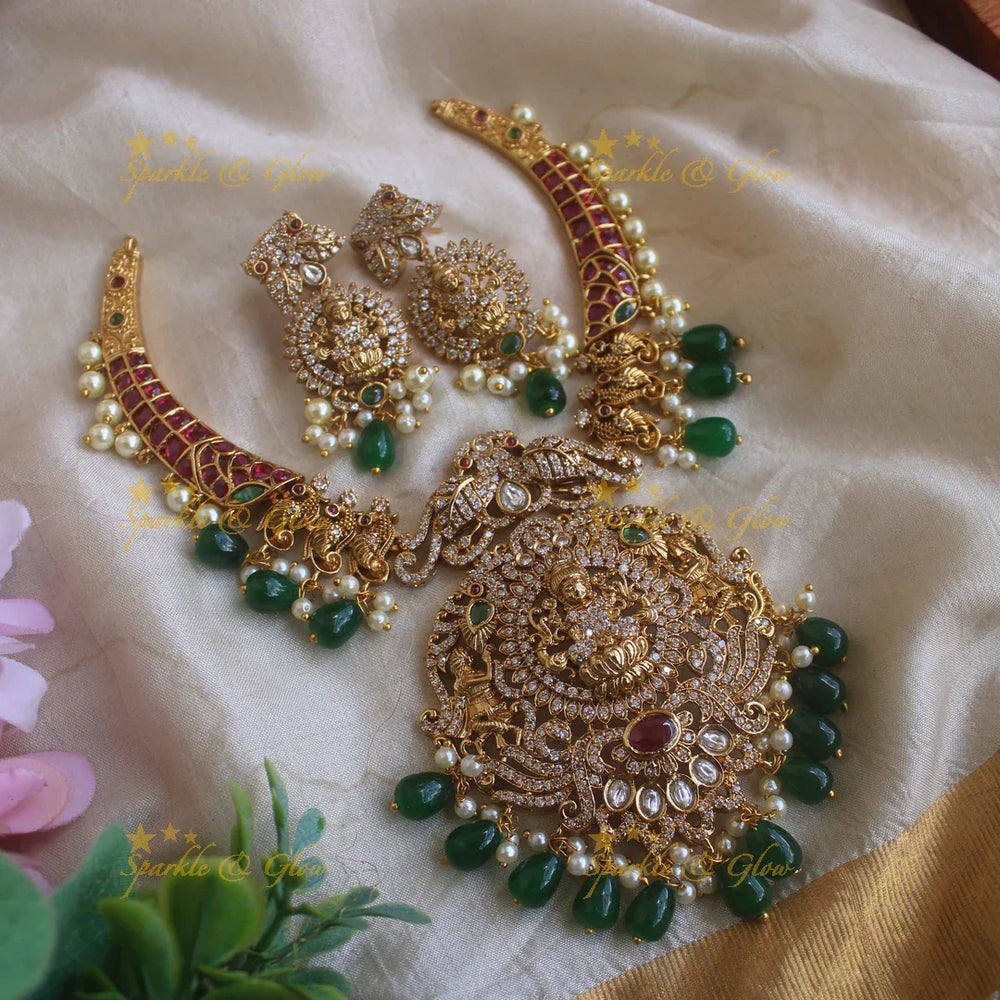 Sparkling Lakshmi Peacock Hasli Necklace with AD stones and Green beads - Sparkle and Glow