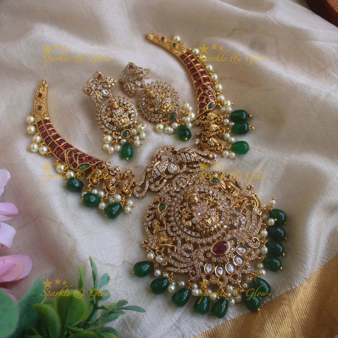 Sparkling Lakshmi Peacock Hasli Necklace with AD stones and Green beads - Sparkle and Glow