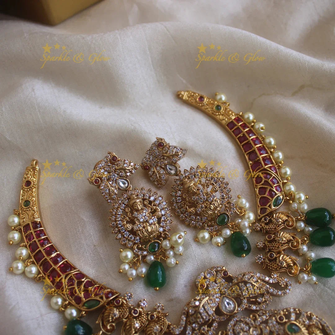 Sparkling Lakshmi Peacock Hasli Necklace with AD stones and Green beads - Sparkle and Glow