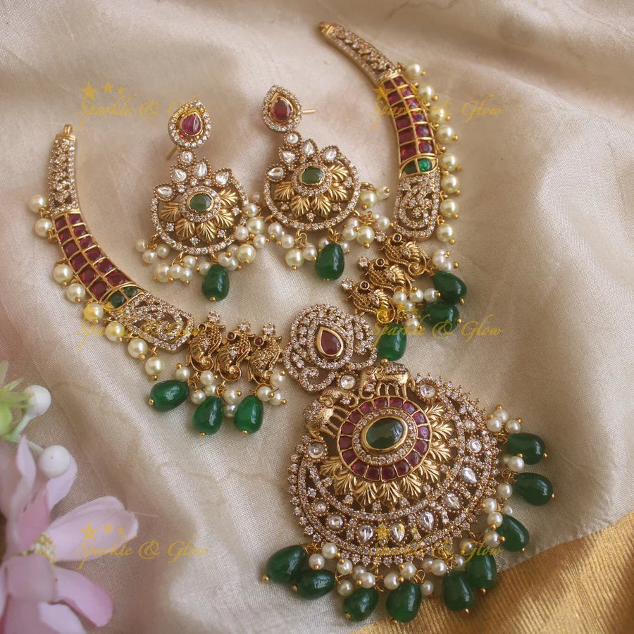 Elegant Peacock Elephant Floral carved Hasli necklace with Green beads - Sparkle and Glow