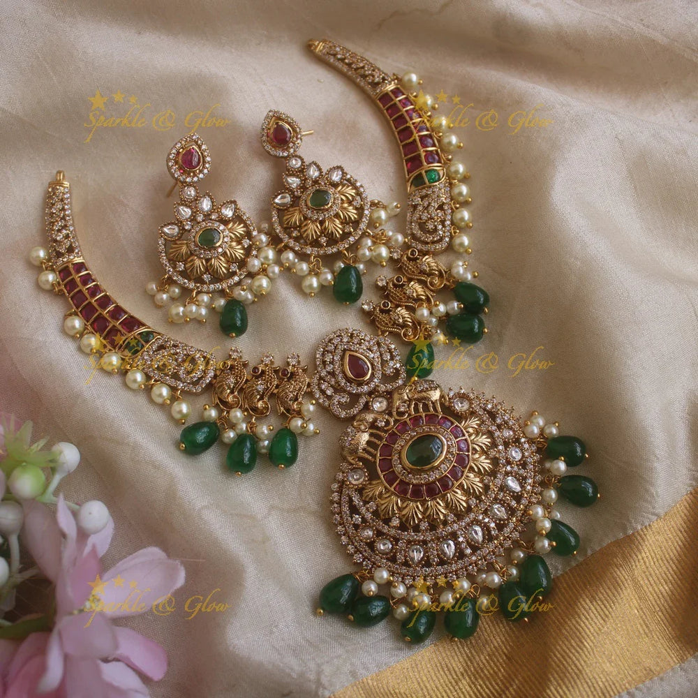 Elegant Peacock Elephant Floral carved Hasli necklace with Green beads - Sparkle and Glow