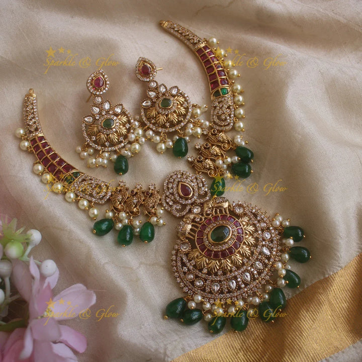 Elegant Peacock Elephant Floral carved Hasli necklace with Green beads - Sparkle and Glow
