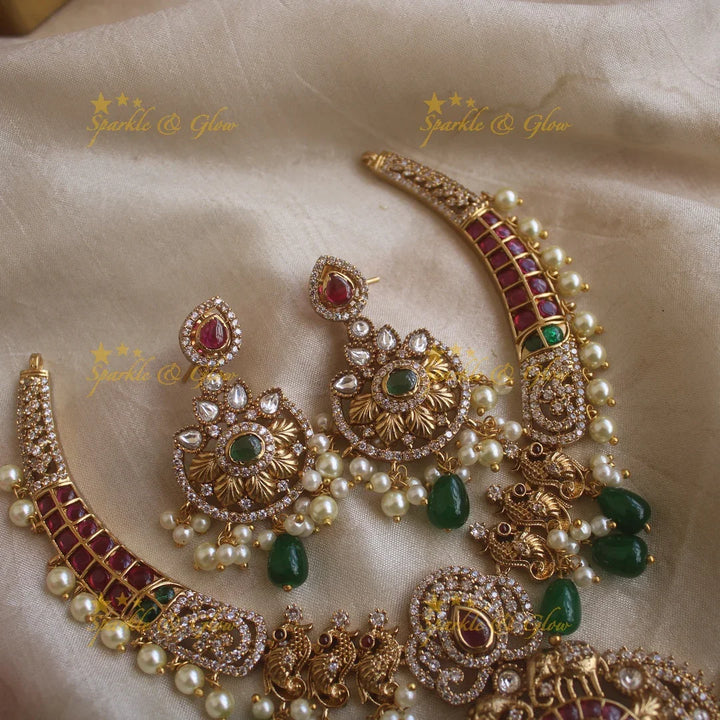 Elegant Peacock Elephant Floral carved Hasli necklace with Green beads - Sparkle and Glow