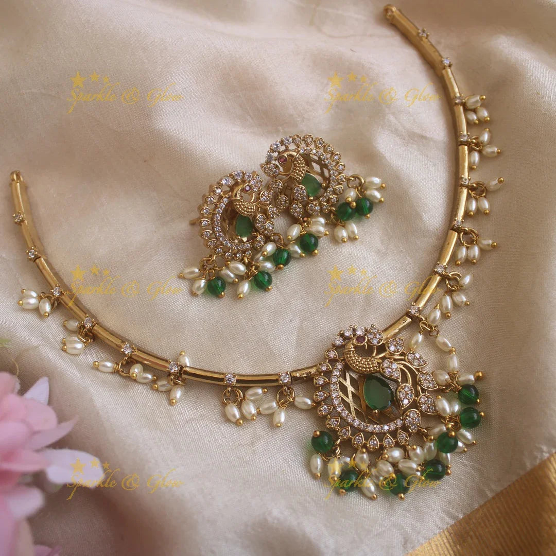 Sparkling Peacock Leaf pendant carved Hasli necklace - Sparkle and Glow