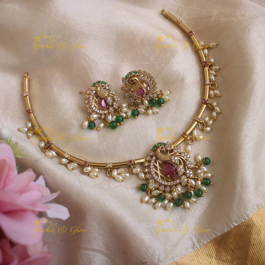 Sparkling Peacock Leaf pendant carved Hasli necklace - Sparkle and Glow