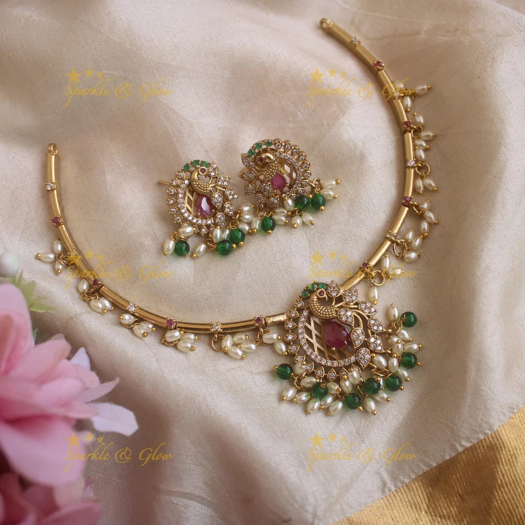 Sparkling Peacock Leaf pendant carved Hasli necklace - Sparkle and Glow