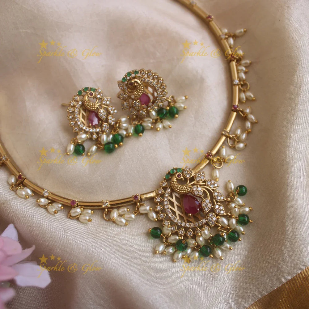 Sparkling Peacock Leaf pendant carved Hasli necklace - Sparkle and Glow