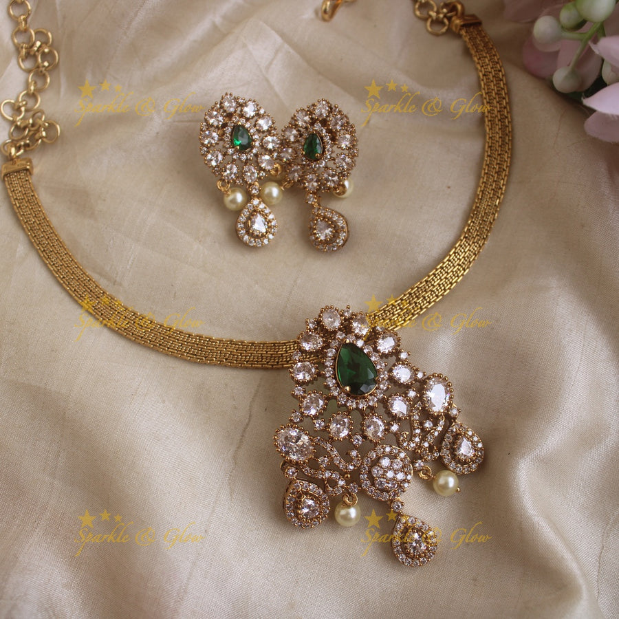 Elegant Floral water drop pendant short necklace with AD stones-Green - Sparkle and Glow