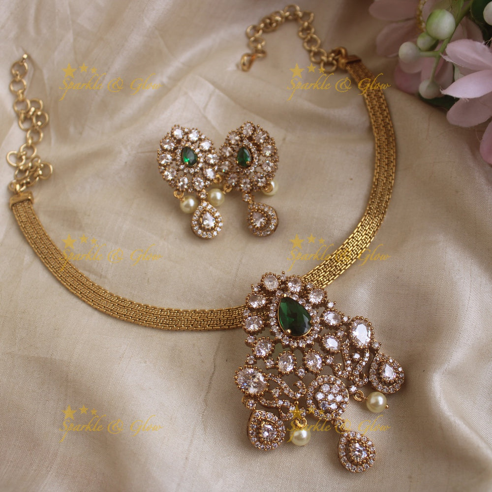 Elegant Floral water drop pendant short necklace with AD stones-Green - Sparkle and Glow