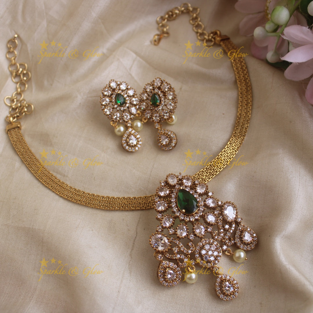 Elegant Floral water drop pendant short necklace with AD stones-Green - Sparkle and Glow