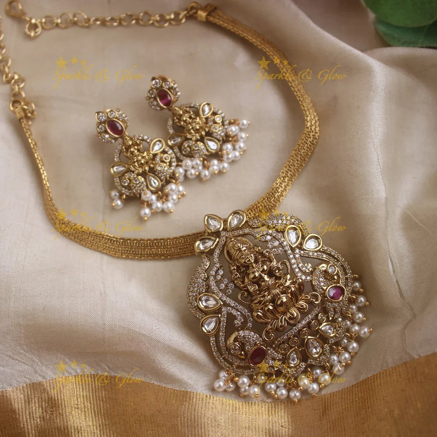 Sparkling Lakshmi Peacock pendant short necklace with AD stones - Sparkle and Glow
