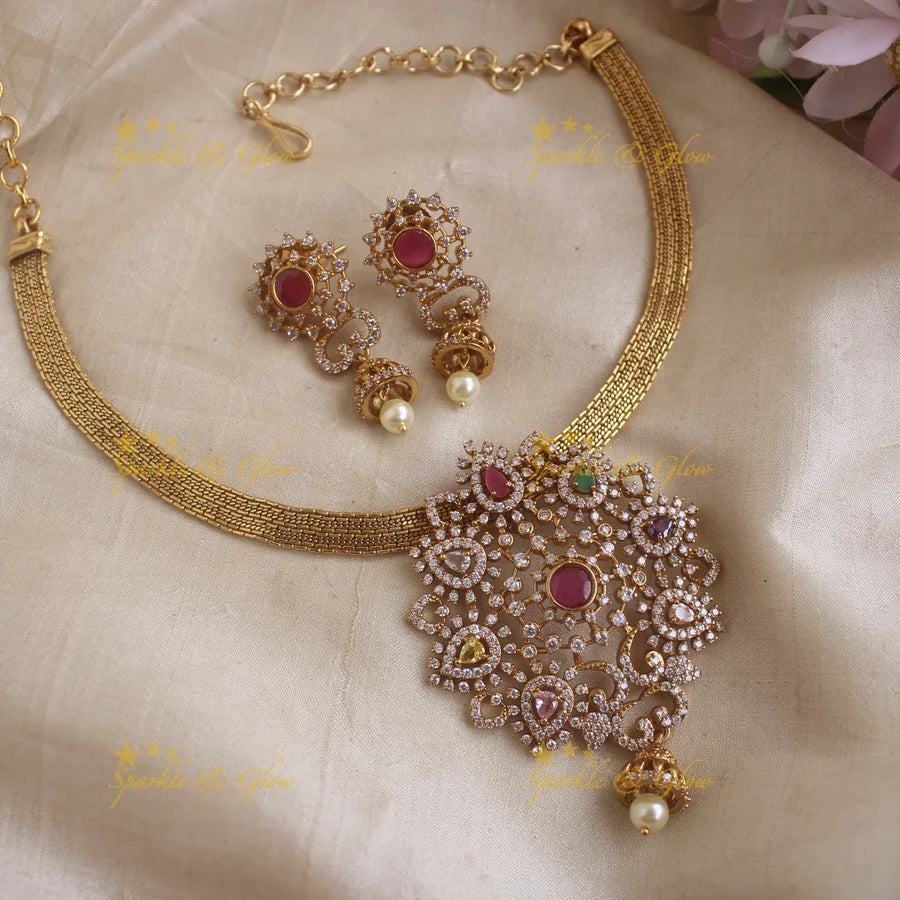 Beautiful Floral and waterdrop pendant short necklace with AD stones - Sparkle and Glow