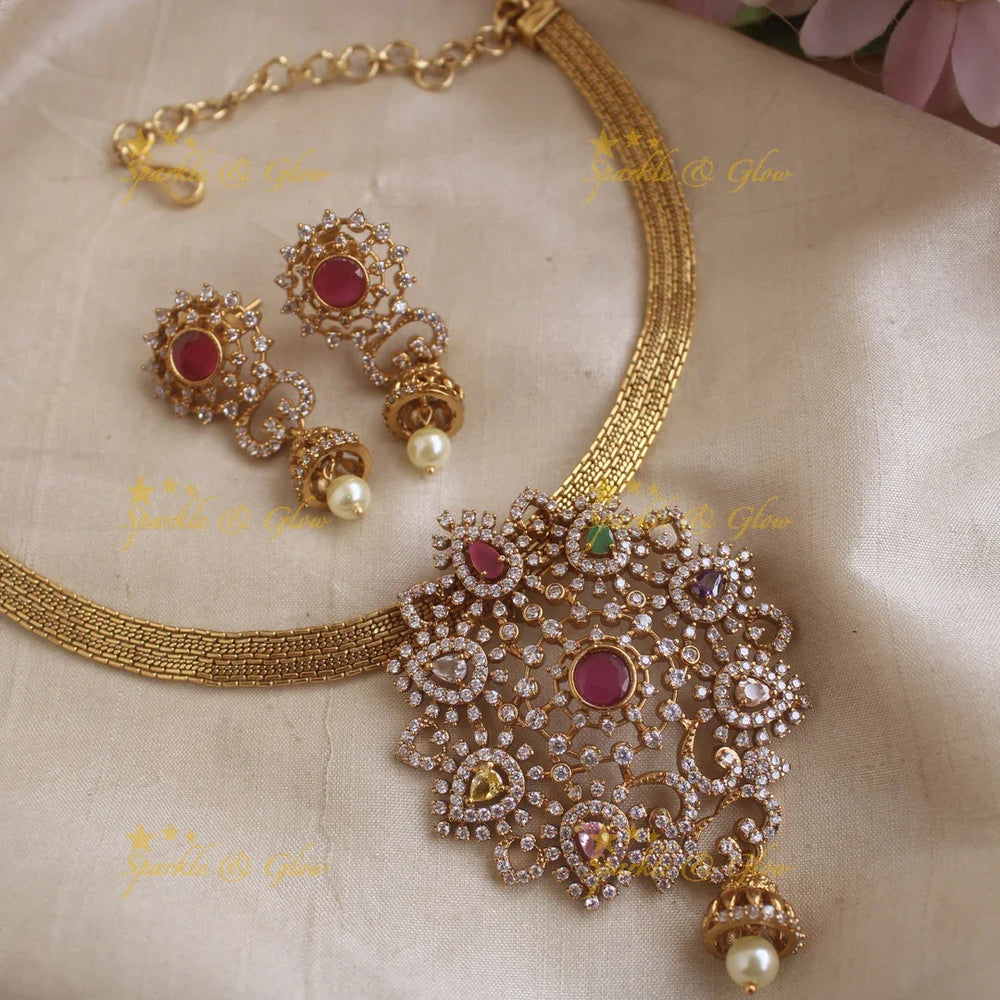 Beautiful Floral and waterdrop pendant short necklace with AD stones - Sparkle and Glow
