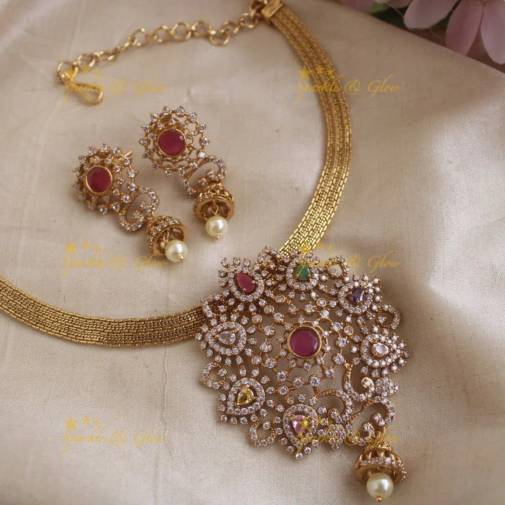 Beautiful Floral and waterdrop pendant short necklace with AD stones - Sparkle and Glow