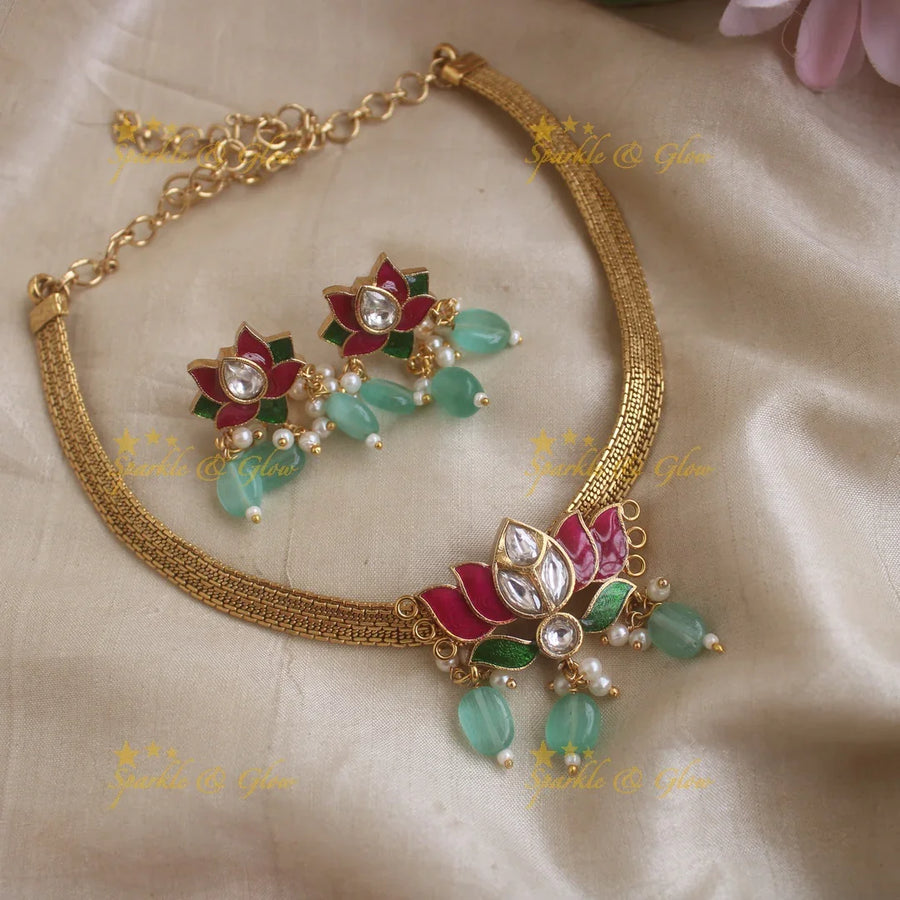 Sparkling Lotus pendant Short necklace with Mintgreen beads - Sparkle and Glow