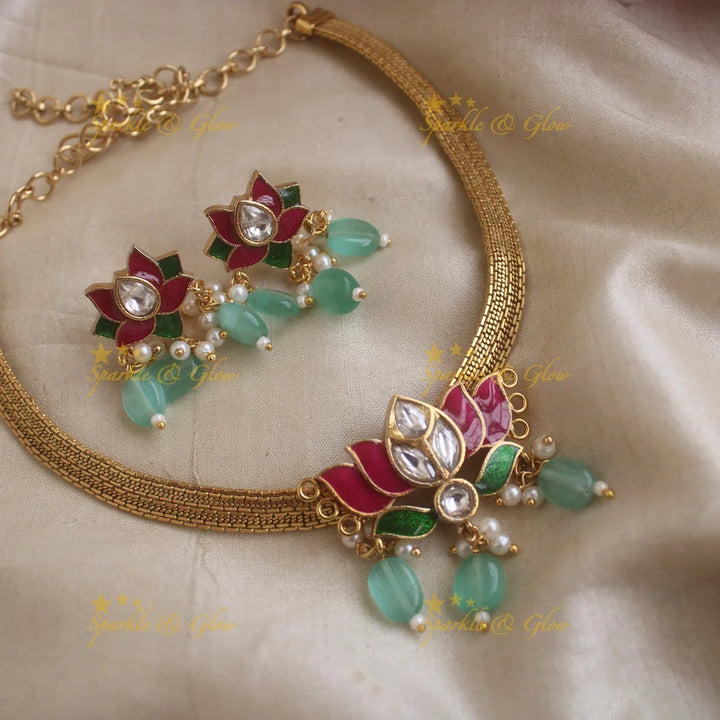 Sparkling Lotus pendant Short necklace with Mintgreen beads - Sparkle and Glow