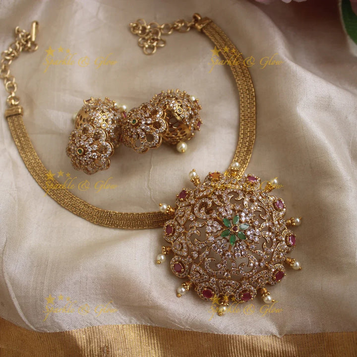 Beautiful Sunflower pendant short necklace with CZ stones - Sparkle and Glow