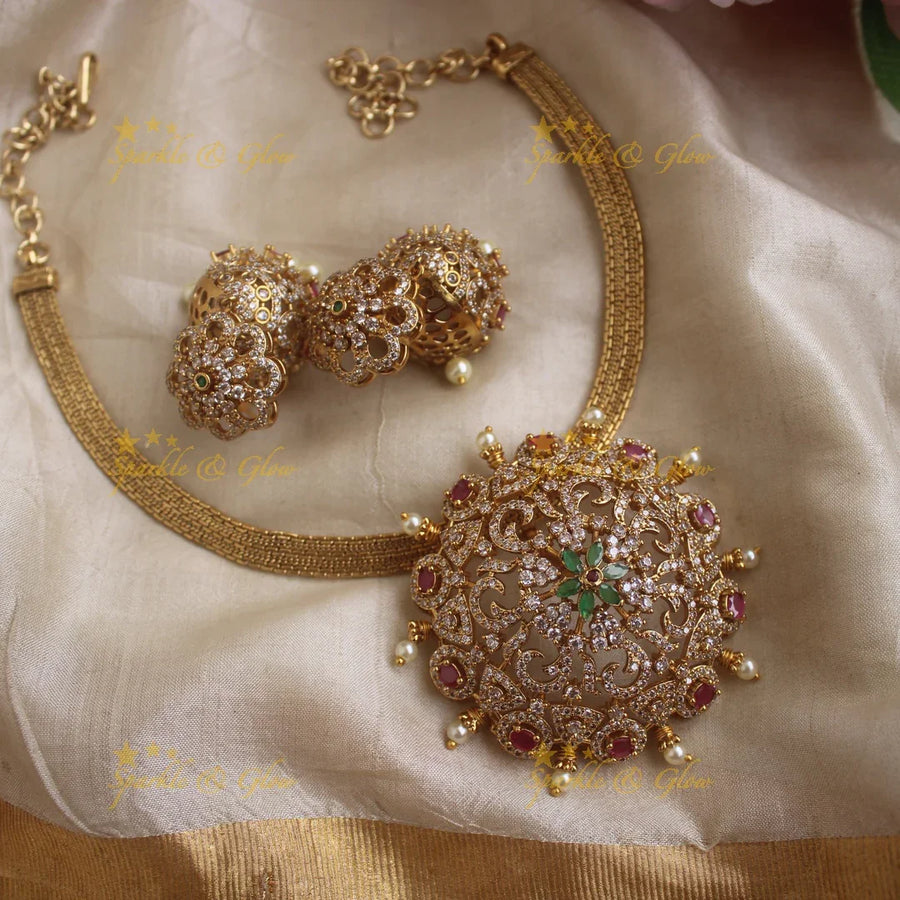 Beautiful Sunflower pendant short necklace with CZ stones - Sparkle and Glow