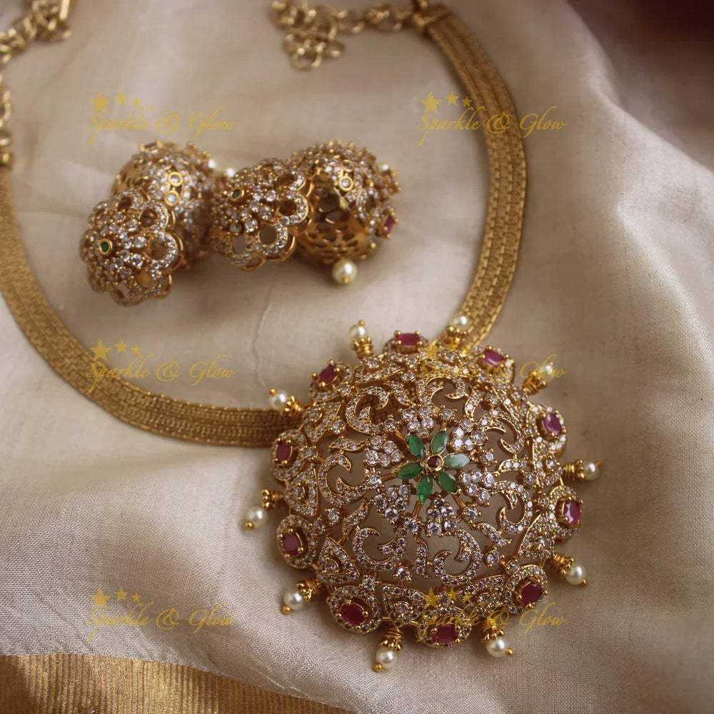 Beautiful Sunflower pendant short necklace with CZ stones - Sparkle and Glow