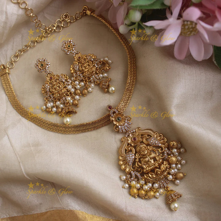 Gracious Lakshmi Peacock pendant short necklace with Gold beads - Sparkle and Glow