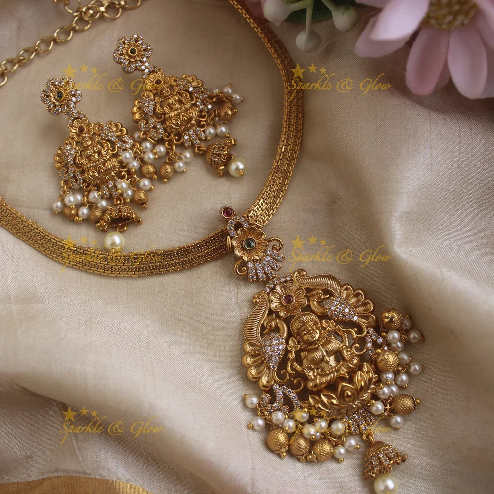 Gracious Lakshmi Peacock pendant short necklace with Gold beads - Sparkle and Glow