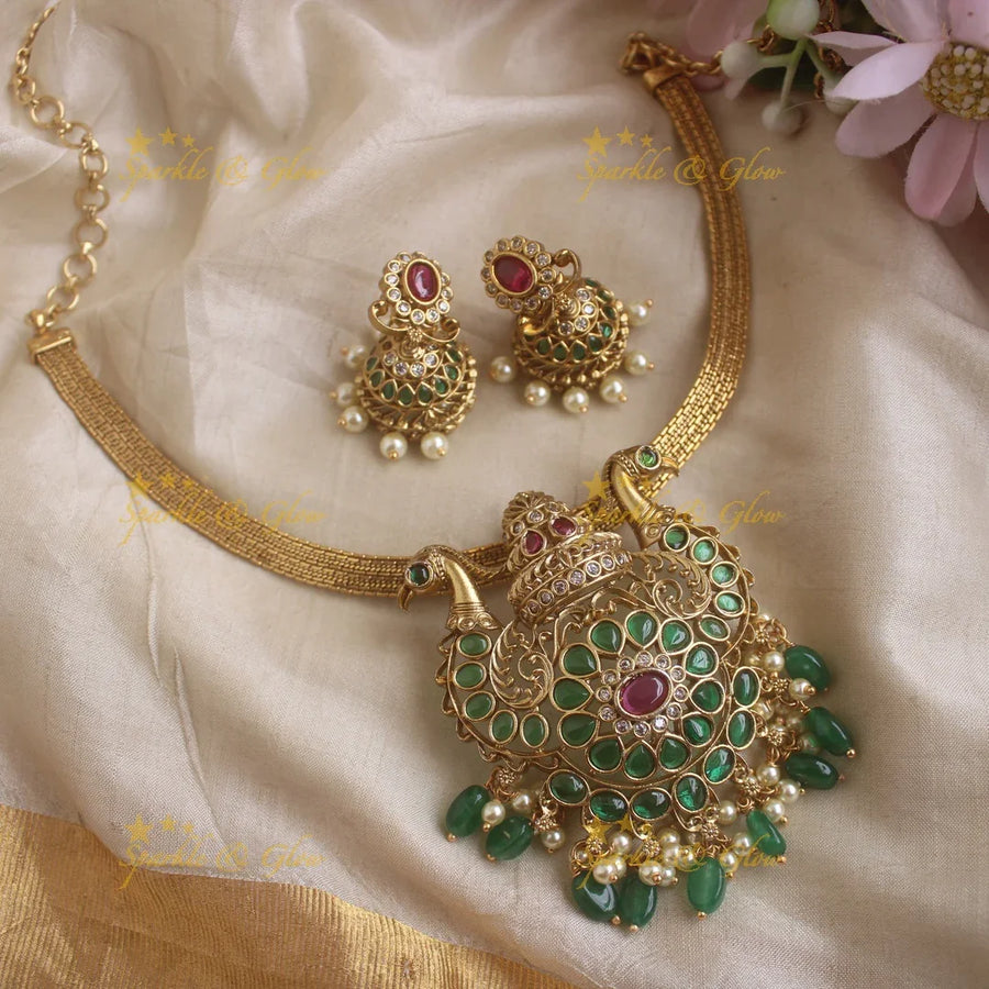 Grand Peacock Floral pendant short necklace-Green - Sparkle and Glow