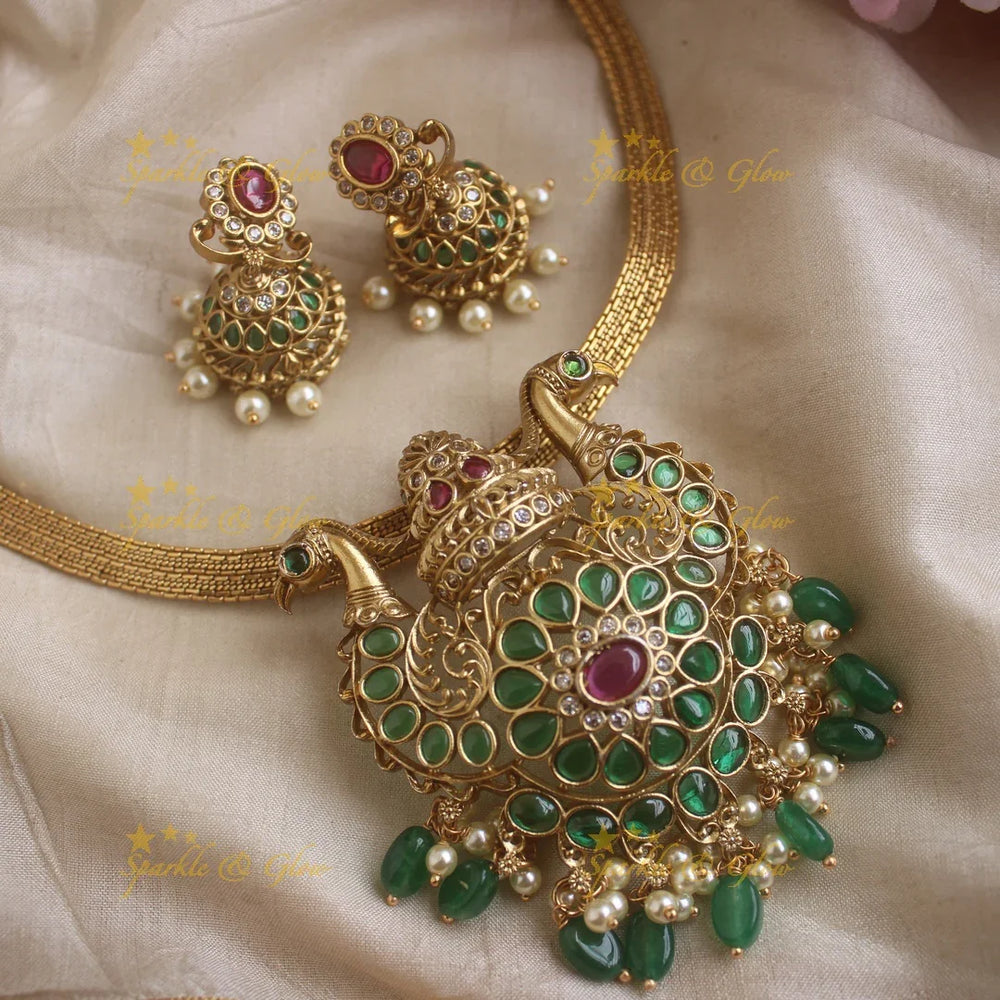 Grand Peacock Floral pendant short necklace-Green - Sparkle and Glow
