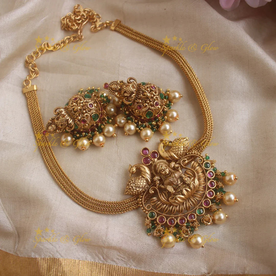 Sparkling Kemp Lakshmi Floral pendant short necklace with Pearl beads - Sparkle and Glow