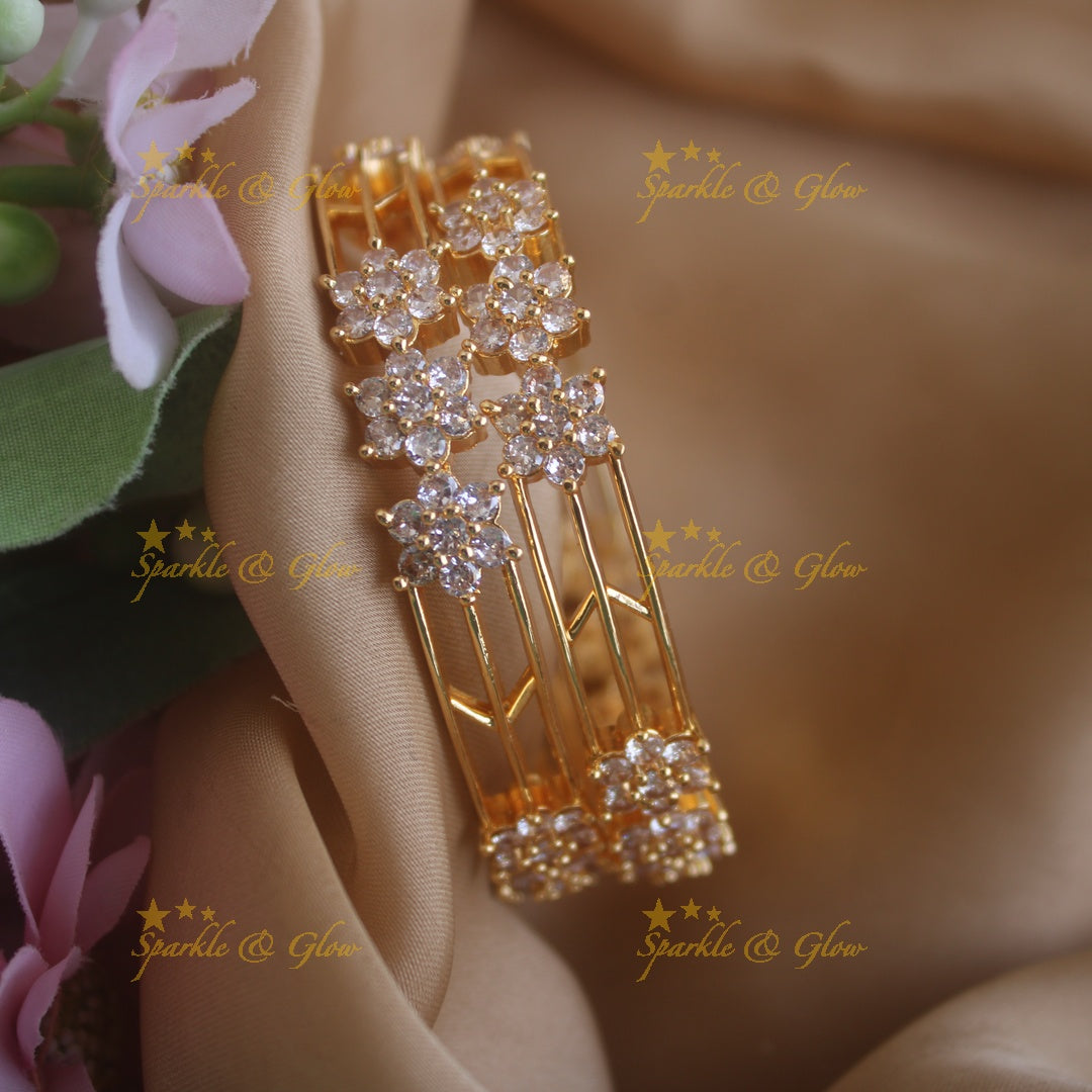 Sparkling Three line Floral design bangles with stones, a pair ,