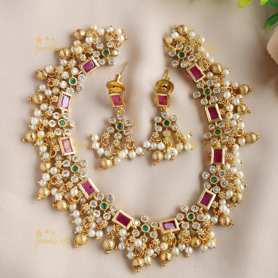 Statement Floral design gutta pusalu short necklace with ruby emerald and white stones - Sparkle and Glow