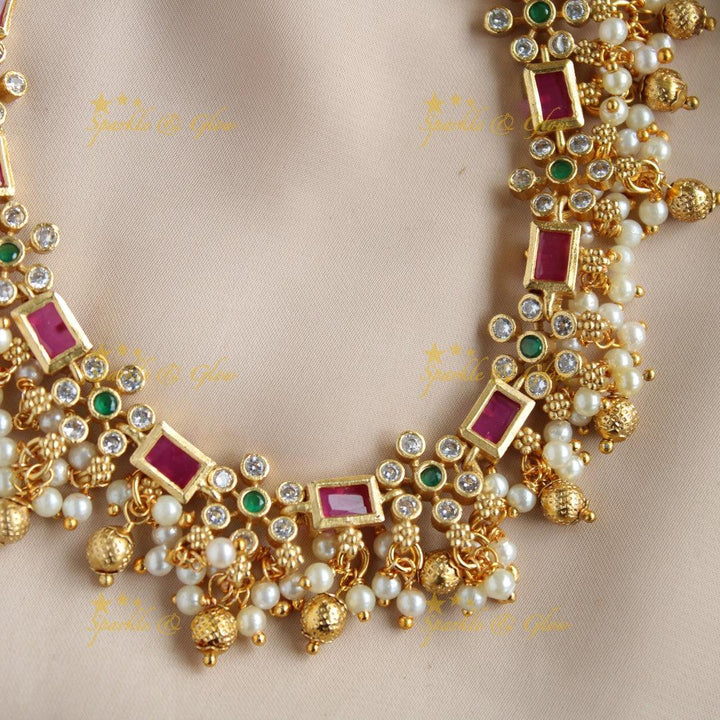 Statement Floral design gutta pusalu short necklace with ruby emerald and white stones - Sparkle and Glow