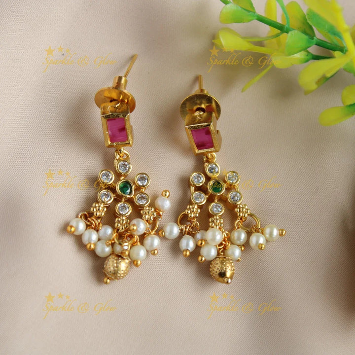 Statement Floral design gutta pusalu short necklace with ruby emerald and white stones - Sparkle and Glow