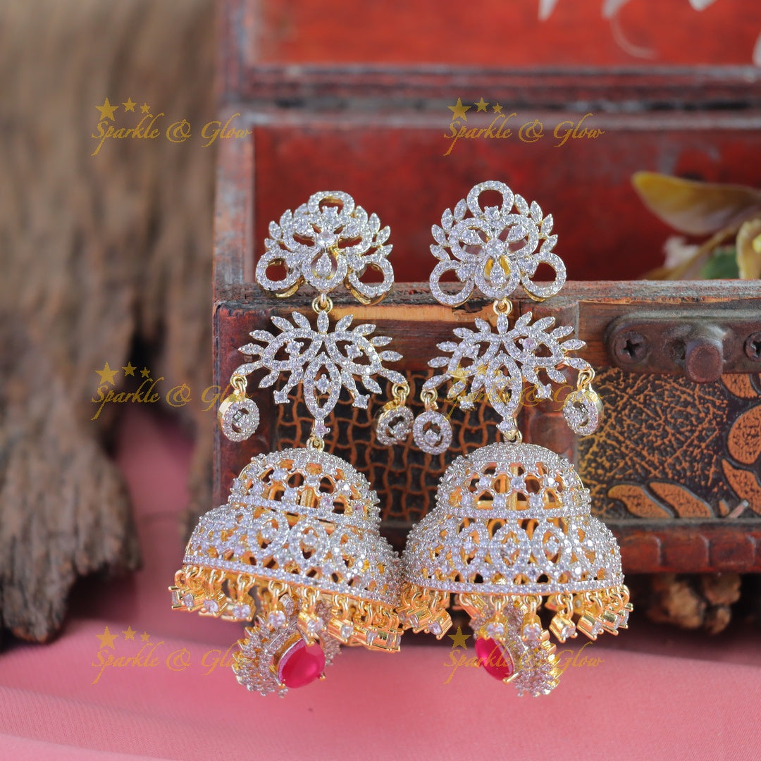 Grand Floral Leaf design American Diamond jhumukas-Pink