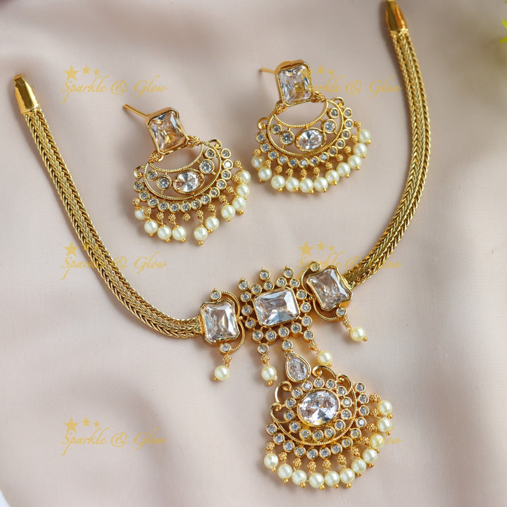 Statement Floral design rectangle stone short necklace with pearl drops - maroon