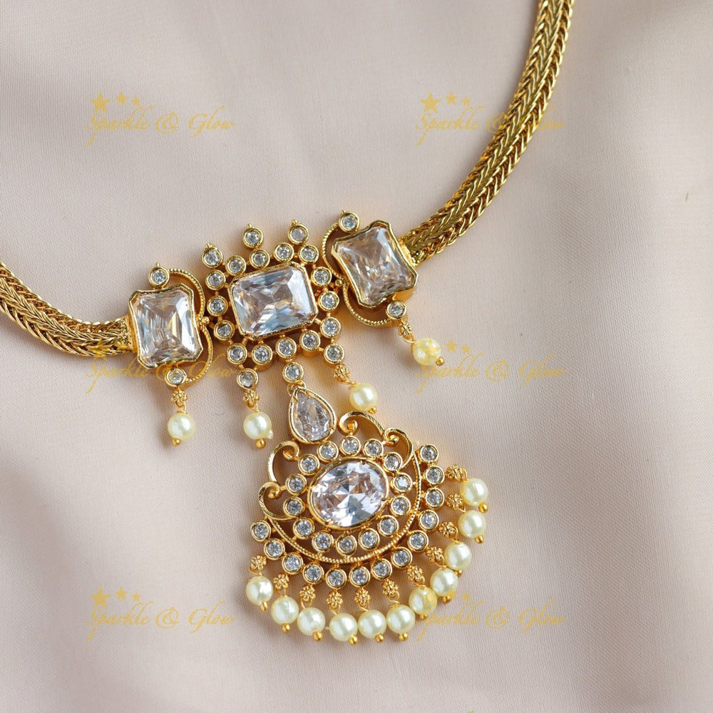 Statement Floral design rectangle stone short necklace with pearl drops - Sparkle and Glow - Back Thread - 