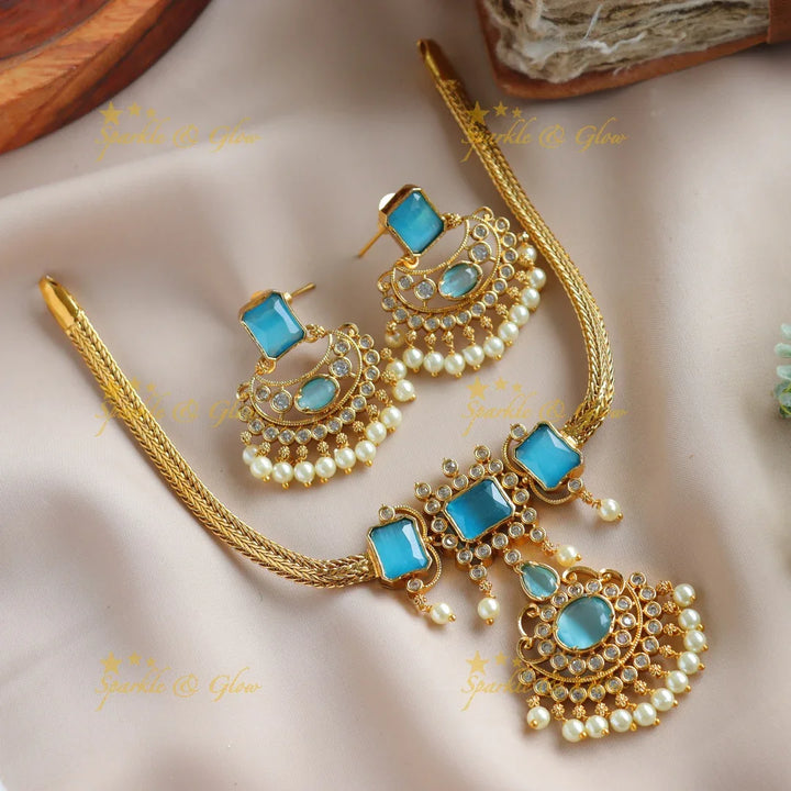 Statement Floral design rectangle stone short necklace with pearl drops - blue - Sparkle and Glow