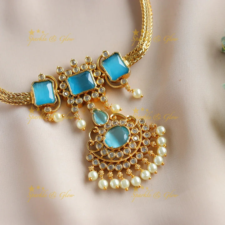 Statement Floral design rectangle stone short necklace with pearl drops - blue - Sparkle and Glow