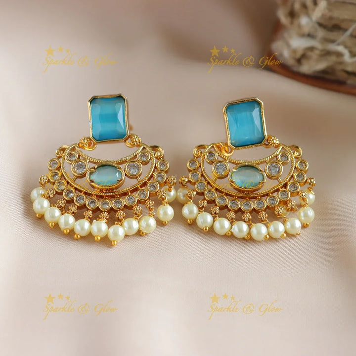 Statement Floral design rectangle stone short necklace with pearl drops - blue - Sparkle and Glow