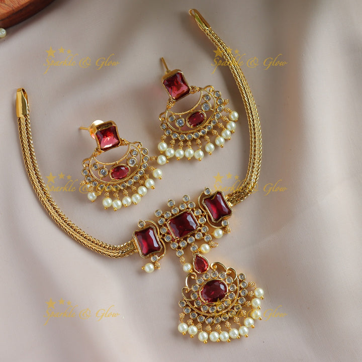 Statement Floral design rectangle stone short necklace with pearl drops - maroon