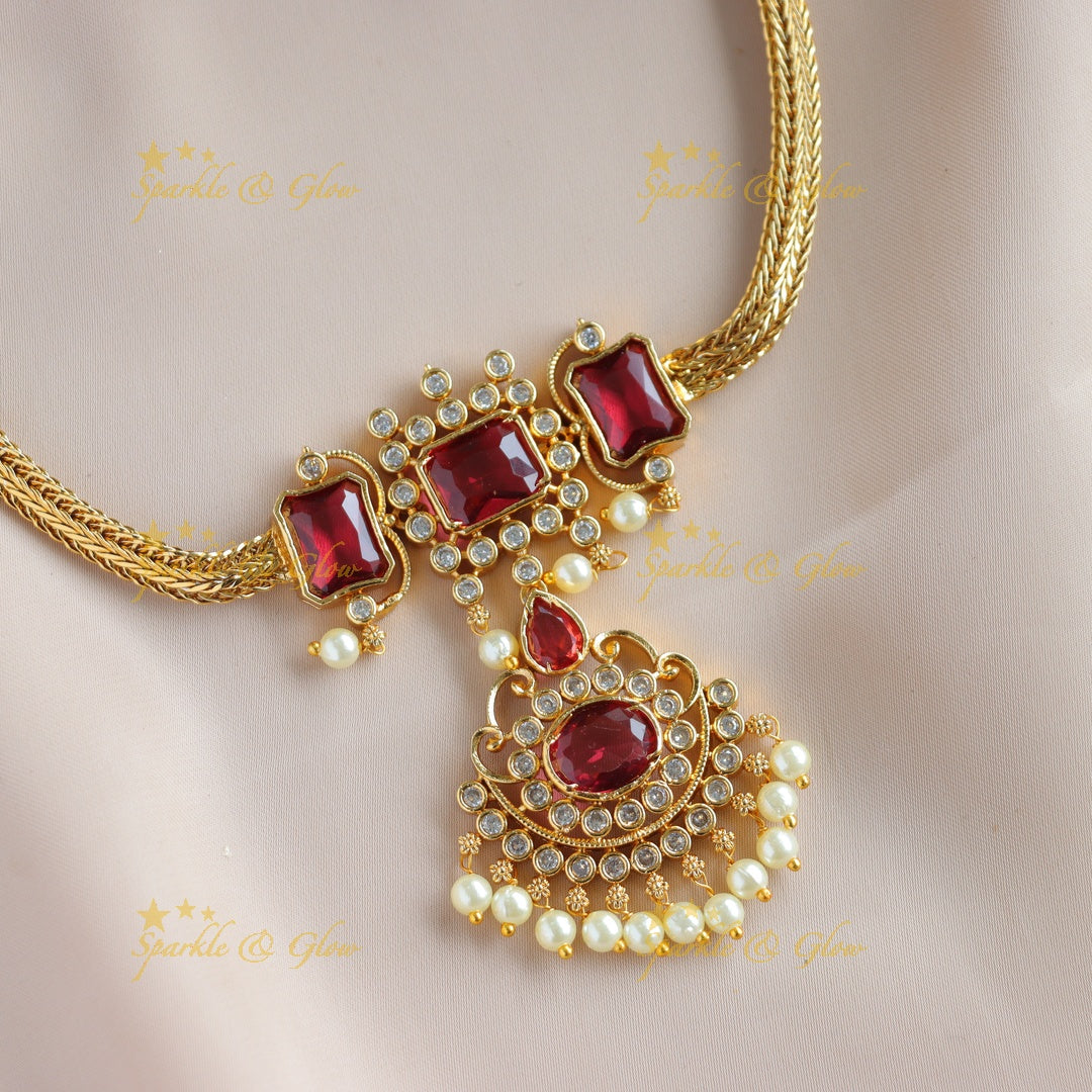 Statement Floral design rectangle stone short necklace with pearl drops - maroon
