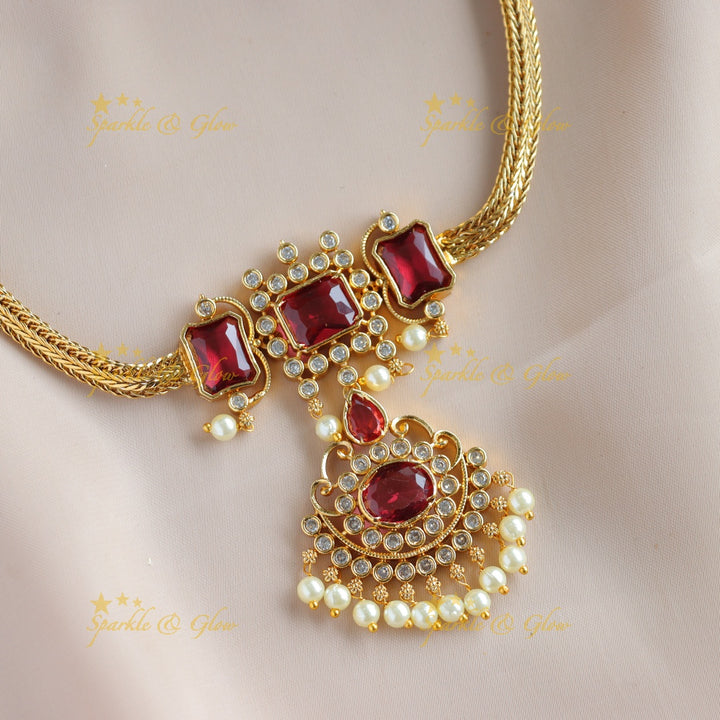 Statement Floral design rectangle stone short necklace with pearl drops - maroon