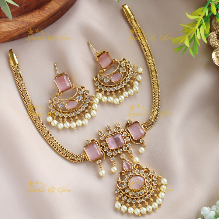 Statement Floral design rectangle stone short necklace with pearl drops - purple