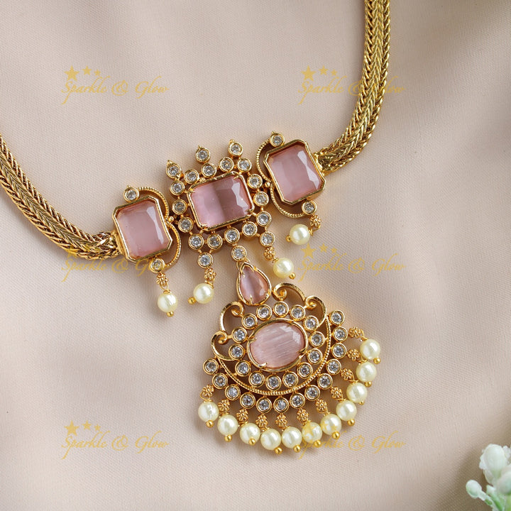 Statement Floral design rectangle stone short necklace with pearl drops - baby pink